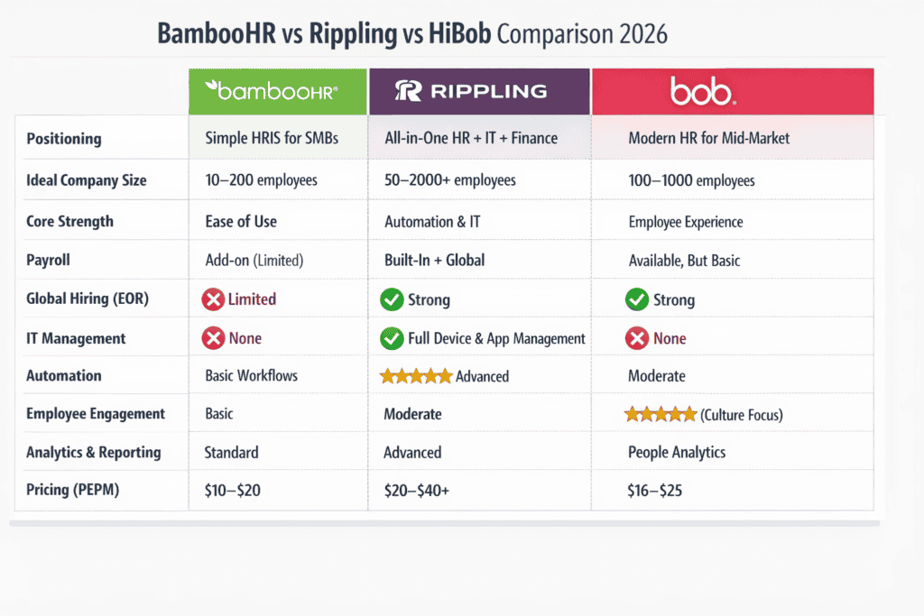 BambooHR vs Rippling vs HiBob comparison table 2026