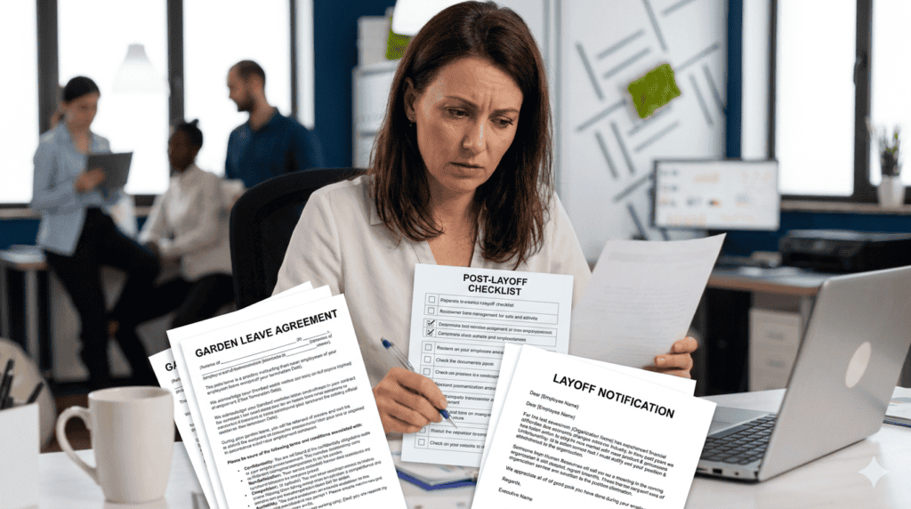 Professional reviewing garden leave agreement documents and checklist after layoff notification