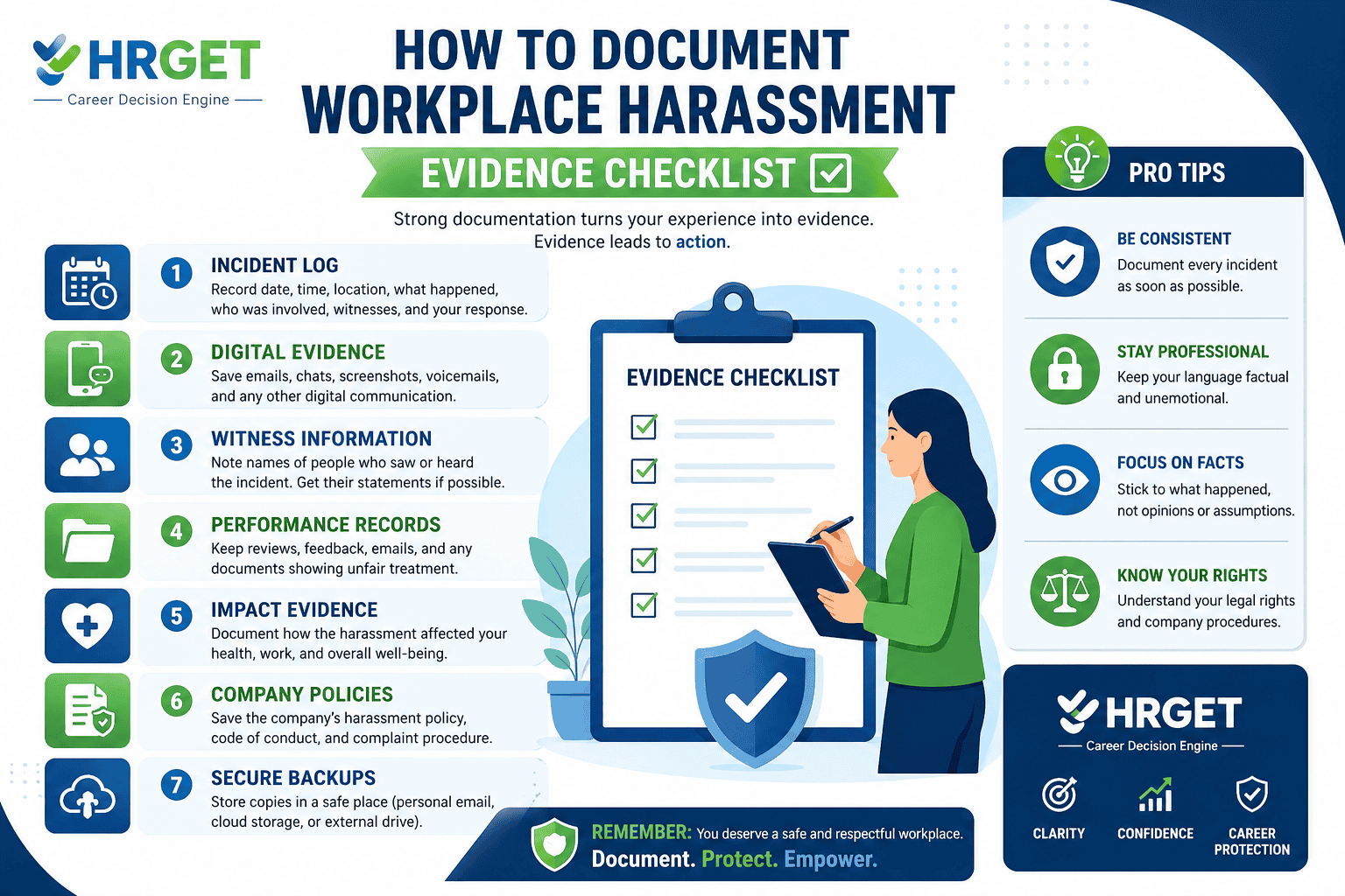 workplace harassment evidence checklist infographic hrget